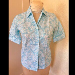 NEW Vintage 1960s Grants Blue Floral Button-Up Blouse With Cuff Sleeves Top